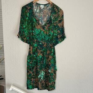 Tracy Reese New York Green Brown Silk Dress Pockets Artsy Indie Boho Fall